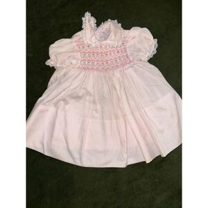 Vintage Polly Flinders Baby Girls Dress Pink Embroidered Smocked‎ Lace Trim 18 M